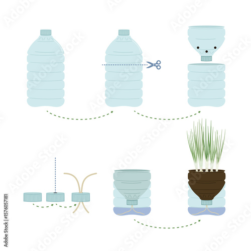 Infographic of self-watering plastic bottle planter on white background. Vertical garden, urban farming concept. Hand-drawn vector illustration