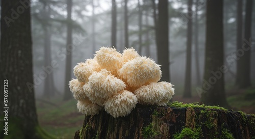 Mystical forest encounter: Lion's mane mushroom thriving on mossy tree stump