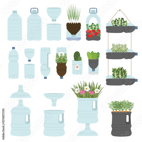 Set of self-watering plastic bottle planters on white background. Handmade and DIY secondary use. Vertical garden, urban farming concept. Hand-drawn vector illustration
