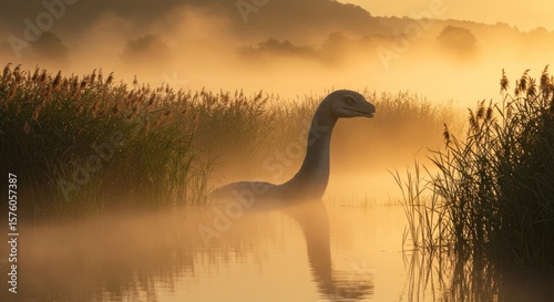 Mystical lake monster emerging from foggy waters at sunrise ancient creatures