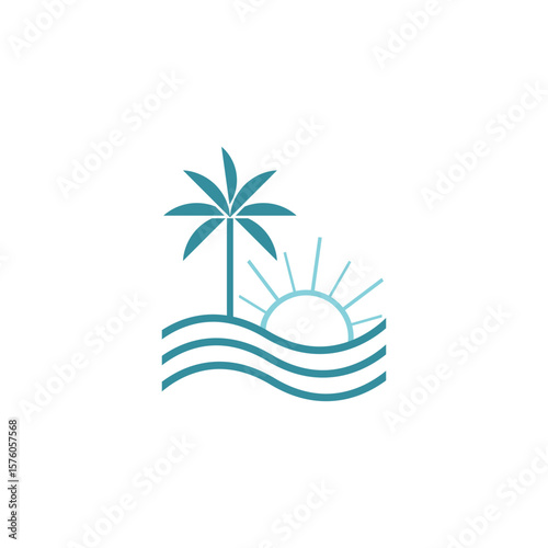 Palm tree and ocean waves line art logo.