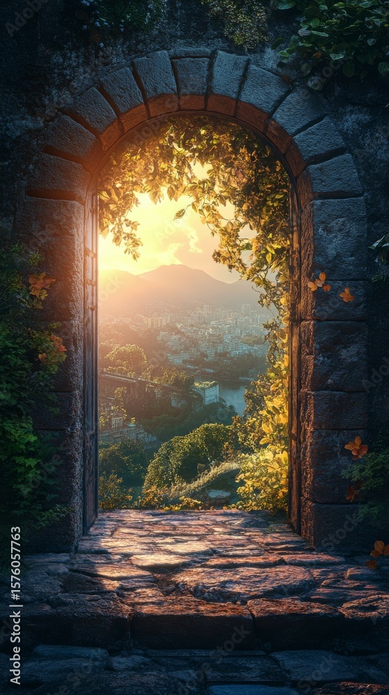 Obraz premium Stone Archway Overlooking a City at Sunset with Lush Greenery