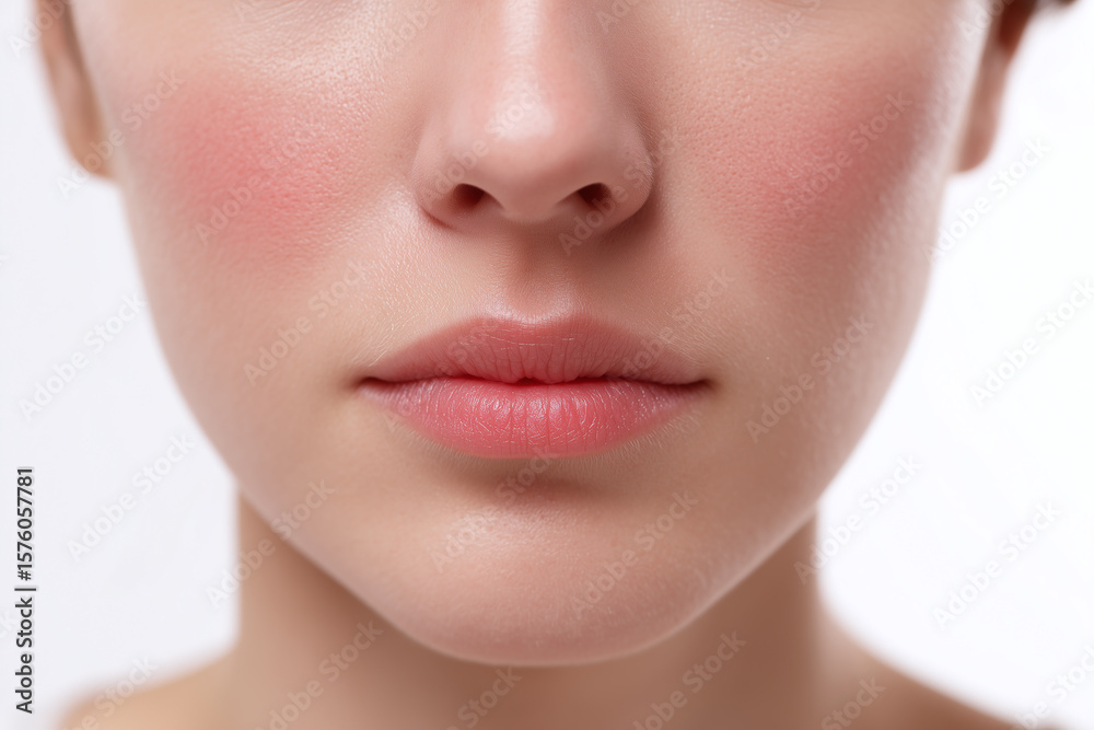 Obraz premium Soft close up of woman lips and nose with smooth skin and natural pink tone showing healthy facial skin texture and gentle expression
