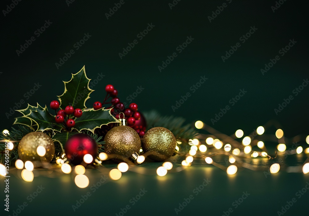 Fototapeta premium Festive Christmas background with glowing lights, red and gold ornaments, and holly, creating a warm and cozy holiday atmosphere with copy space.