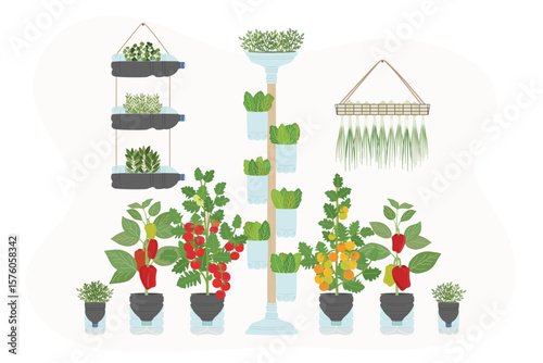 Set of DIY plastic bottle planters with vegetables and greens at home. Vertical garden, urban farming concept. Hand-drawn vector illustration