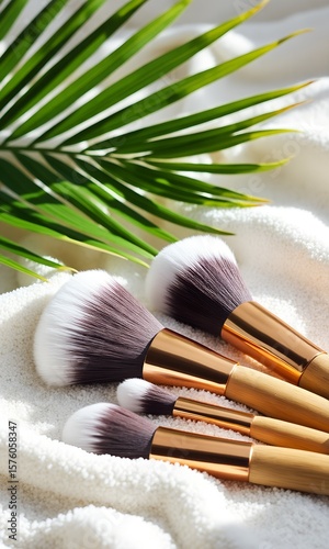 Makeup brushes on a white towel with palm leaf