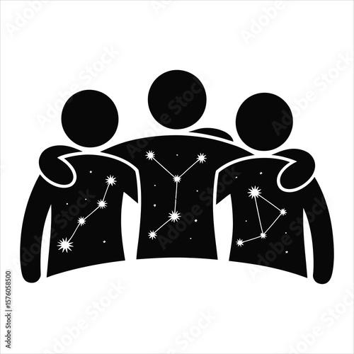 Three friends with arms around each other in a constellation pattern silhouette