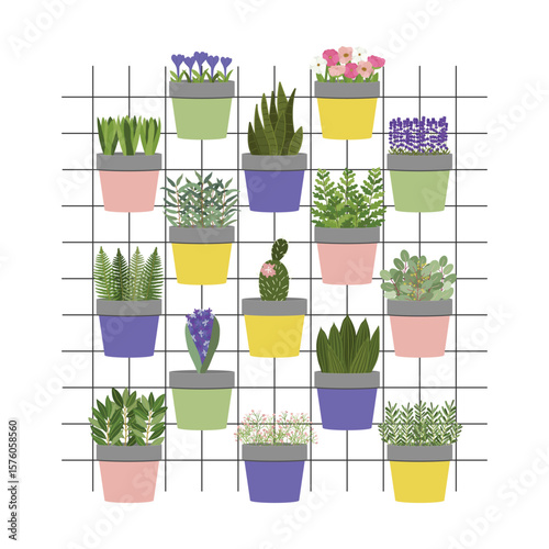 Illustration of planters with plants and flowers at home. Vertical urban garden concept. Hand-drawn vector illustration