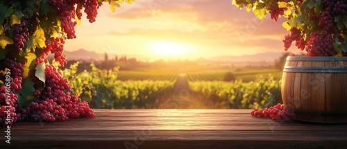 Sunrise over a vineyard with grapes and a wooden barrel.
