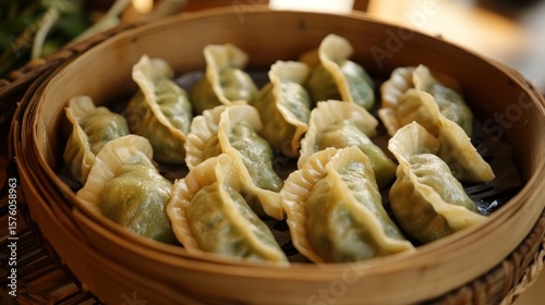 Steamed dumplings in a bamboo steamer