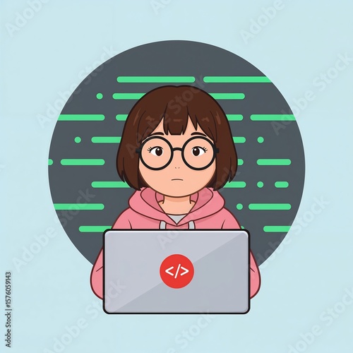 Young woman with glasses working on a laptop, coding.