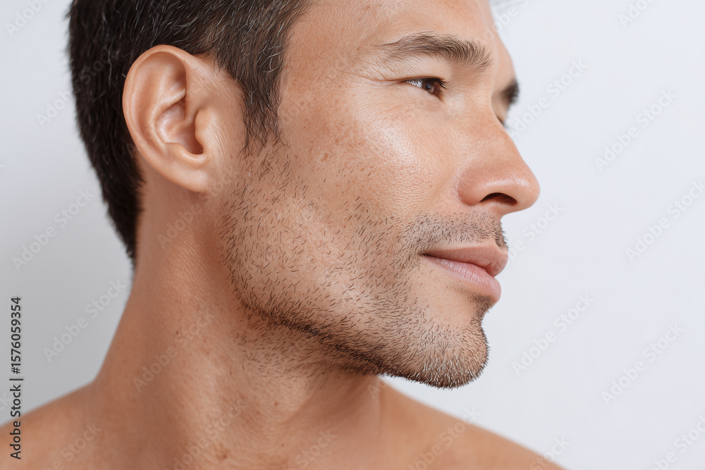 Fototapeta premium Close up of man with enlarged pores and uneven skin texture showing natural facial hair and smooth skin tone, expressing calm and confidence in neutral background