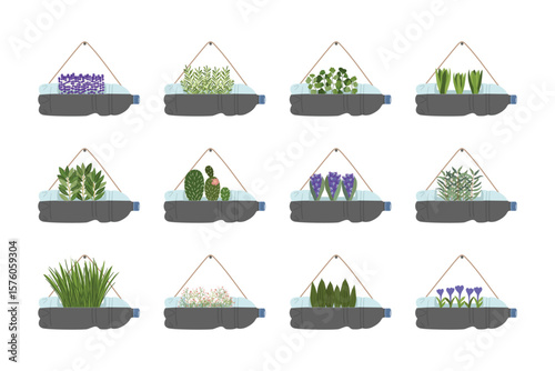 Illustration of plastic bottle planters on white background. Handmade and DIY secondary use. Vertical garden, urban farming concept. Hand-drawn vector illustration