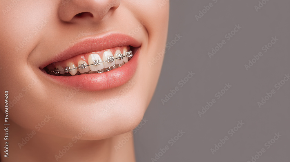 Obraz premium Close up of young woman smiling with metal braces on her teeth, showing healthy lips and smooth skin against plain background