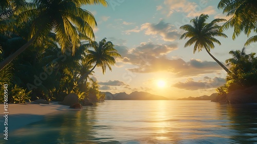 Sunlit beach walk beneath coconut trees and cloud line high resolution picture