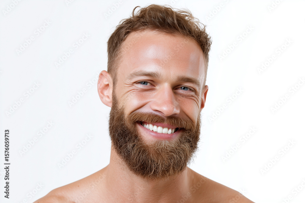Obraz premium Smiling man with beard and blue eyes showing healthy skin and joyful expression after skincare treatment on white background