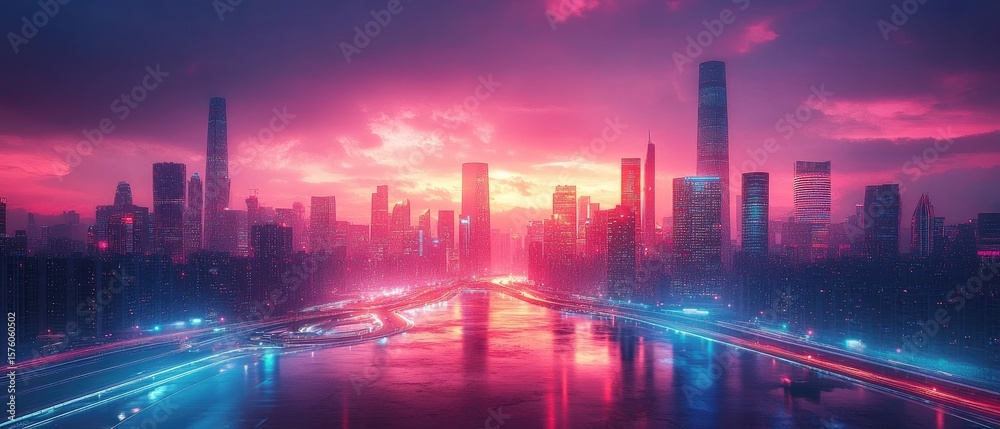 Fototapeta premium Vibrant cityscape at twilight with neon lights.