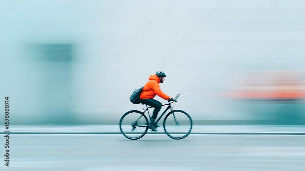 Naklejka premium Urban Cyclist Working on Laptop with Motion Blur
