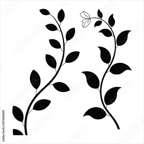 Two elegant black plant stems with leaves and a single flower silhouette