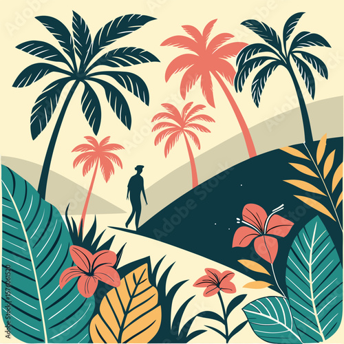 Tropical Paradise Walking Path Amidst Lush Palm Trees and Vibrant Flowers