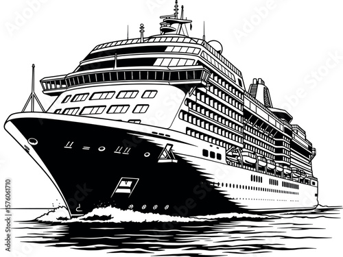 Black and White Cruise Ship Illustration Sailing on the Ocean.