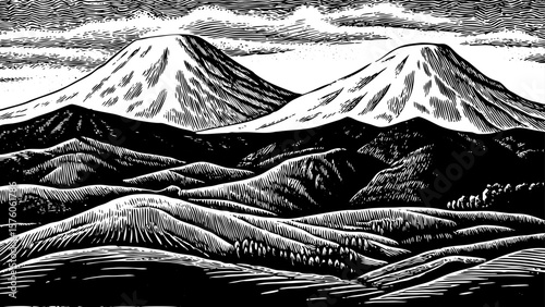 Mount Elbrus with twin snow-capped domes in the Caucasus region, depicted in clean black and white line art illustration, great for European geography and mountainous landscape design
