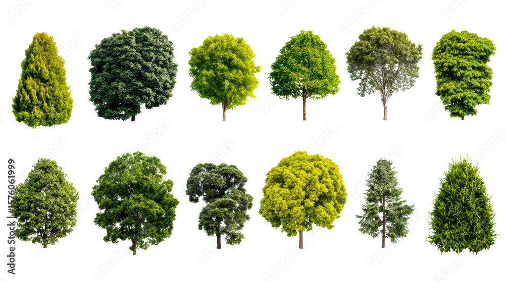 Fototapeta premium Collection of various trees in different shades of green on a white isolated background.