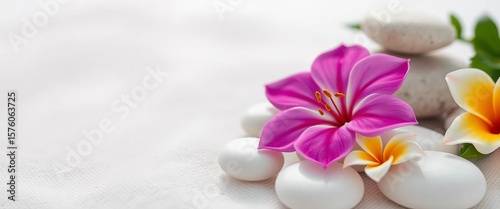 Smooth spa stones & vibrant flower on soft background,  selfcare,   botanical