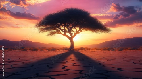 African Sunset: Silhouette of an Acacia Tree in a Dried-Up Landscape