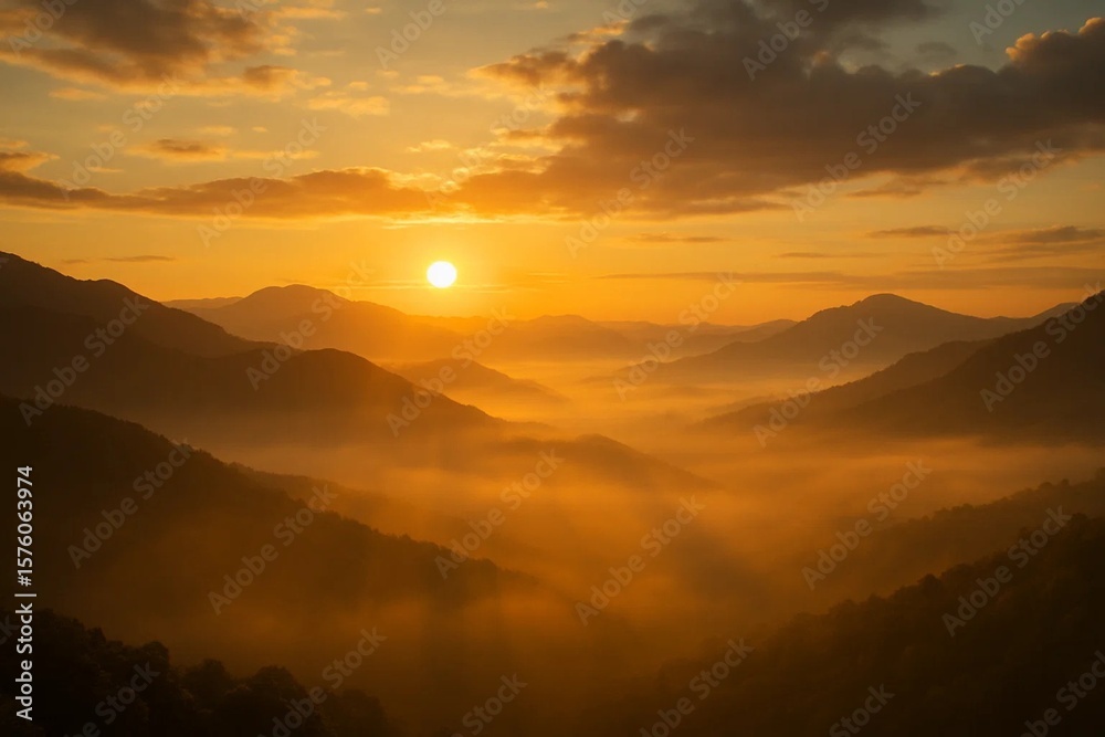 Naklejka premium Golden sunrise over misty mountains with soft clouds and warm light beams