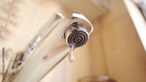 Slow motion dripping tap with water droplets inside apartment bathroom. Macro, close up, looking up shot, shallow depth of field, no people