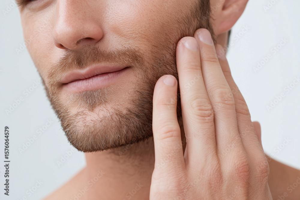 Fototapeta premium Close up of man hand gently touching his cheek with soft beard and smooth skin, showing care and tenderness in calm moment of self touch