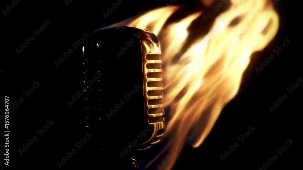 Dramatic close-up of a classic retro microphone on fire with slow camera rotation and intense low-key lighting