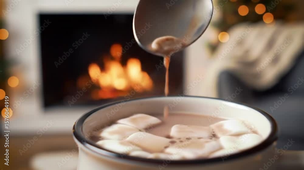 Chocolate quente sendo mexido em uma caneca de cerâmica, com vapor subindo e pequenos marshmallows derretendo no topo