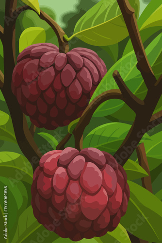 This image depicts two ripe sugar apples (also known as custard apples or sweetsop) hanging from dark brown branches surrounded by lush green leaves. The sugar apples are reddish-purple and covered wi