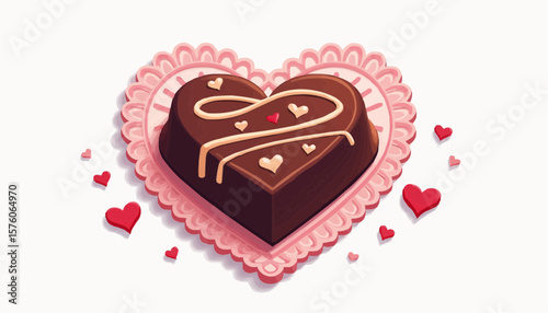 Heart-shaped chocolate cake decorated with icing and red hearts  