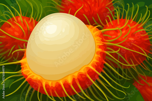 An artistic vector illustration of rambutan fruit. The image highlights a peeled rambutan showing its shiny, translucent white flesh in the center, surrounded by vibrant red and orange hairy skin. The