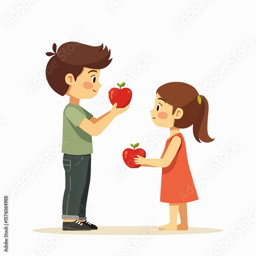 Children sharing red apples while smiling in a bright, cheerful setting  