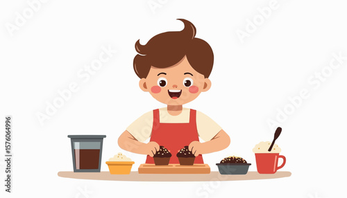 Happy boy baking cupcakes with chocolate in a bright kitchen  