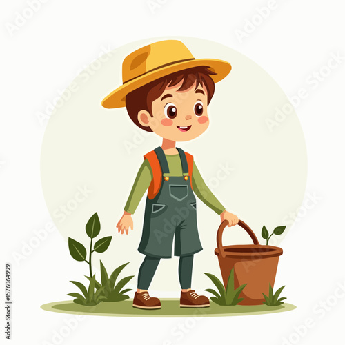 Young boy smiling in orchad while gardening with a basket in a sunny field  