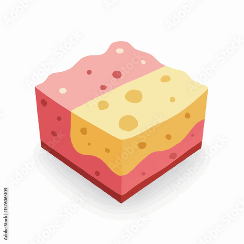 Colorful layered dessert slice with pink and yellow sponge cake  