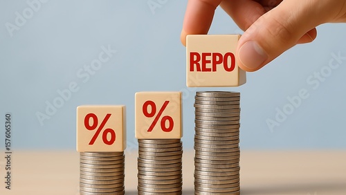 Hand placing a cube with the word repo on a stack of coins