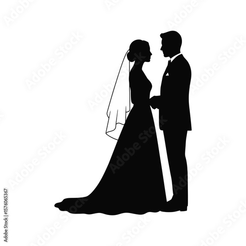 Silhouette of a Bride and Groom Wedding Couple Black and White Illustration