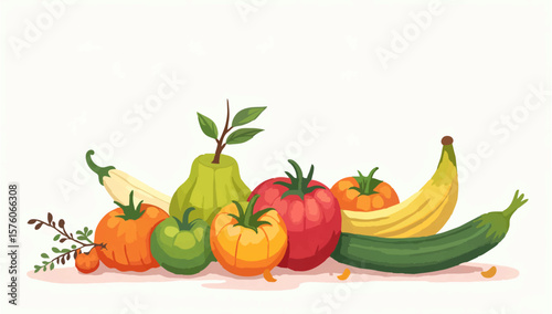 Fresh Vegetables and Fruits Still Life Illustration

