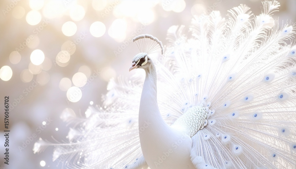 Fototapeta premium Elegant White Peacock Portrait with Bokeh Lights Graceful Bird in a Luminous Setting