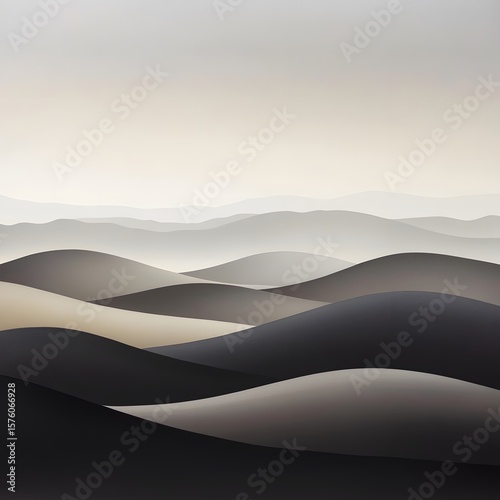 Abstract Misty Mountain Landscape Art, Soft Hills, Beige and Grey Tones, Nature Scenery