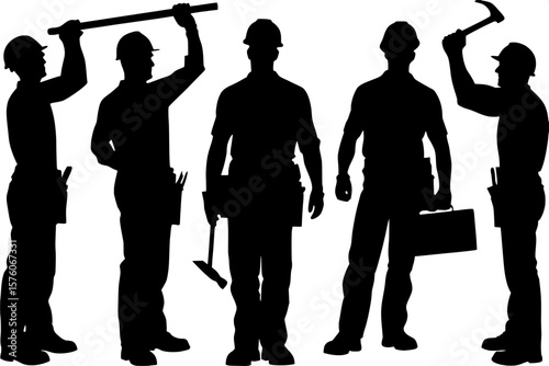 "Silhouette illustration of six adult male construction professionals, all in different functional stances. One figure has tools at the waist, one lifts a tool above the head, one holds a long tool ac