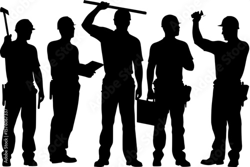 "Silhouette illustration of six adult male construction professionals, all in different functional stances. One figure has tools at the waist, one lifts a tool above the head, one holds a long tool ac