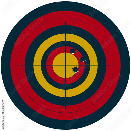 Dartboard with bullet holes and an arrow in the center, symbolizing aiming success in a sport or business competition, Vector illustration 