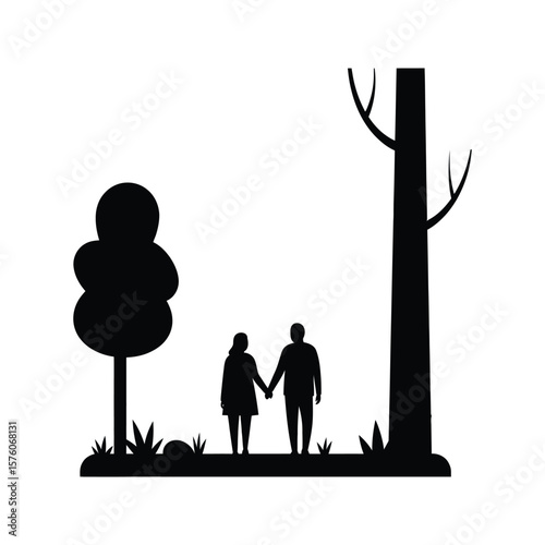 Silhouette of Couple Holding Hands in a Park with Trees Romantic Couple Illustration